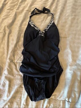 Love Your Assets by Sara Blakely Black Halter One-Piece Swimsuit with Zebra Trim